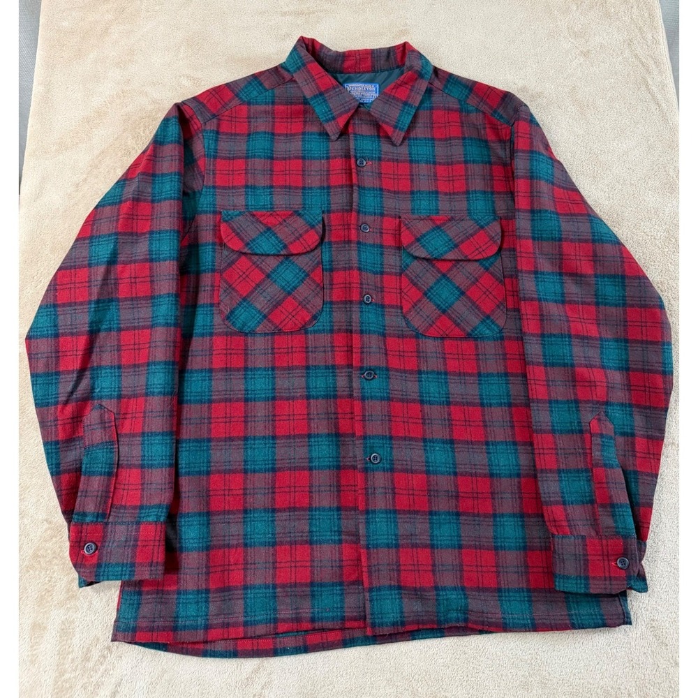 Vintage Pendleton Flannel Wool Shirt Men's‎ Size L Red Green plaid pattern EUC